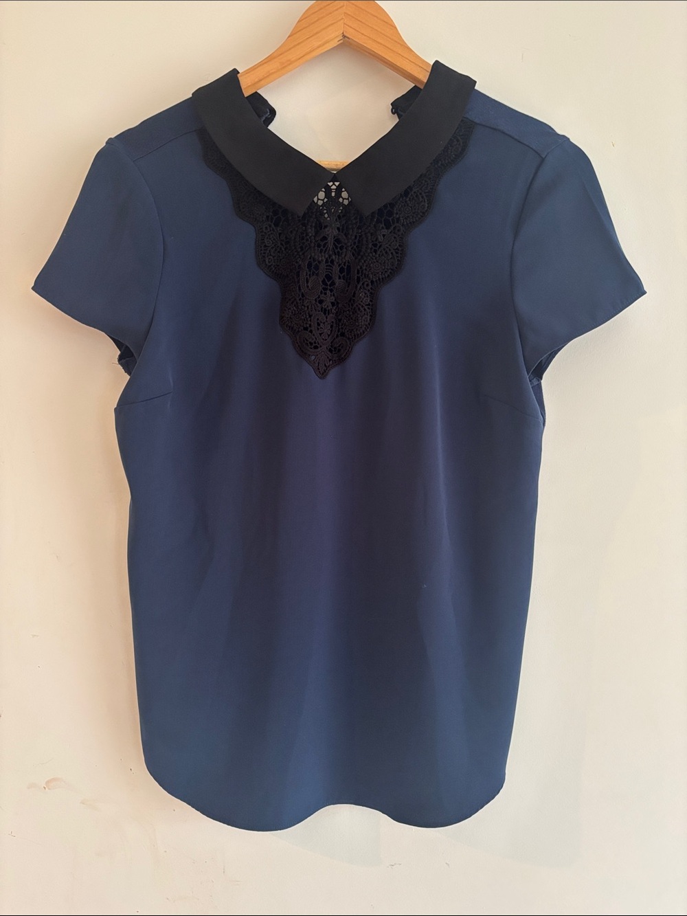 RW&CO. Navy Blue Blouse with Black Lace Collar